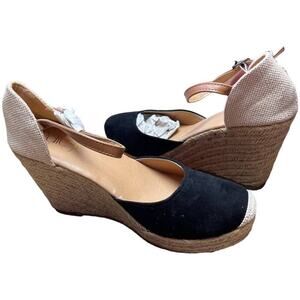 Refresh Black Beige Wedge Espadrille Mary Jane Shoes Women's Size 8 NWT
